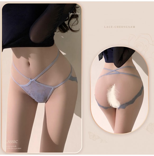 FEE ET MOI - Elegant Sheer Floral Strap Open-Back Panties (Blue)